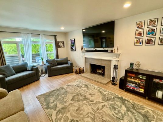 Fireplace, Interior, Living room, Recessed Lighting, Wood Texture Flooring