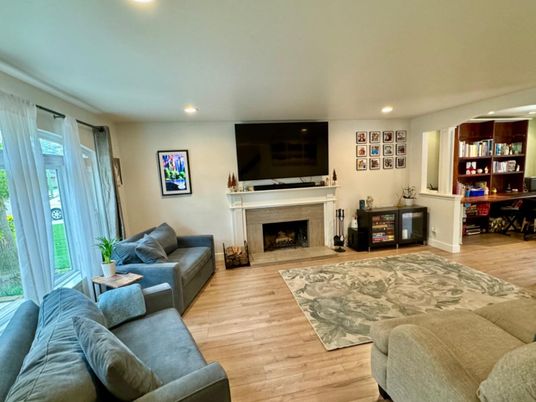 Fireplace, Interior, Living room, Recessed Lighting, Wood Texture Flooring