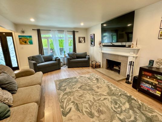 Fireplace, Interior, Living room, Recessed Lighting, Wood Texture Flooring