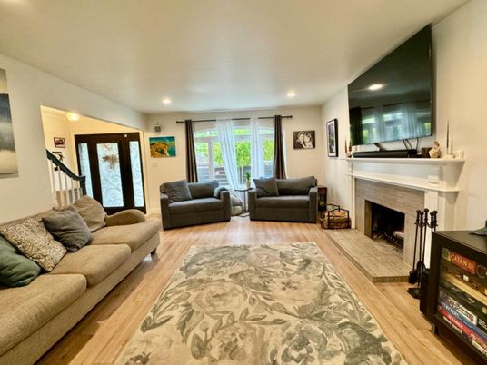Fireplace, Interior, Living room, Recessed Lighting, Wood Texture Flooring
