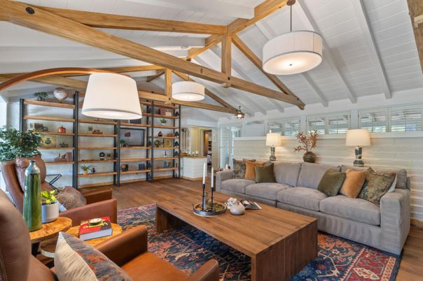 Interior, Living room, Pendant Lights, Wooden Beams, Wood Texture Flooring