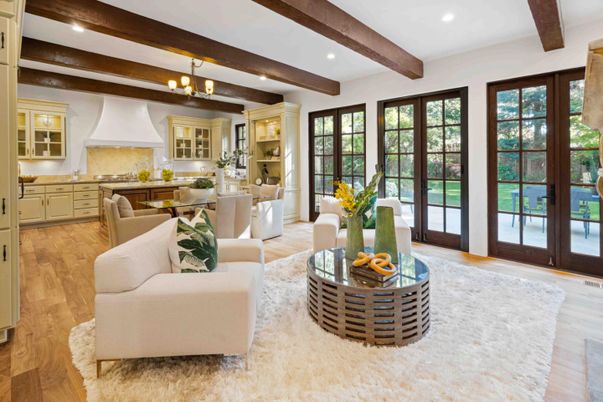 Chandelier, Dining room, Interior, Living room, Recessed Lighting, Wooden Beams, Wood Texture Flooring