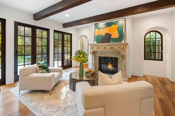 Fireplace, Interior, Living room, Recessed Lighting, Wooden Beams, Wood Texture Flooring