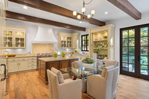 Chandelier, Dining room, Interior, Kitchen, Recessed Lighting, Wooden Beams, Wood Texture Flooring