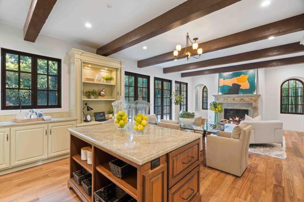 Chandelier, Fireplace, Interior, Living room, Recessed Lighting, Wooden Beams, Wood Texture Flooring