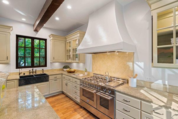 Interior, Kitchen, Recessed Lighting, Stainless Steel Appliances, Wooden Beams, Wood Texture Flooring