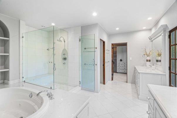 Bathroom, Dual Sink Vanities, Glass Shower, Interior, Recessed Lighting