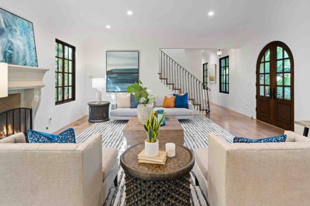 Fireplace, Interior, Living room, Recessed Lighting, Wood Texture Flooring