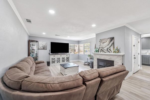 Fireplace, Interior, Living room, Recessed Lighting, Wood Texture Flooring