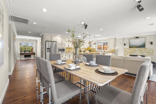 Dining room, Interior, Kitchen, Living room, Pendant Lights, Recessed Lighting, Stainless Steel Appliances, Wood Texture Flooring