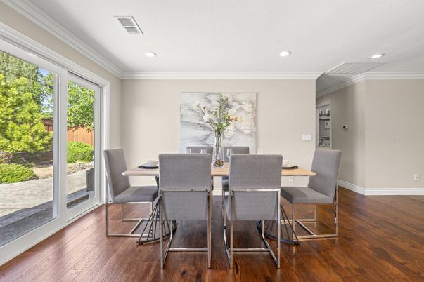 Dining room, Interior, Recessed Lighting, Wood Texture Flooring