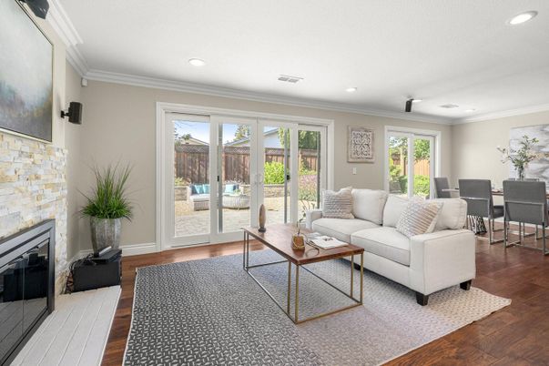 Dining room, Fireplace, Interior, Living room, Recessed Lighting, Wood Texture Flooring