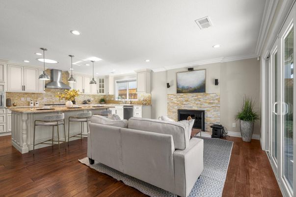 Fireplace, Interior, Kitchen, Living room, Pendant Lights, Recessed Lighting, Wood Texture Flooring