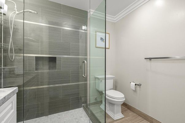 Bathroom, Glass Shower, Interior, Wood Texture Flooring
