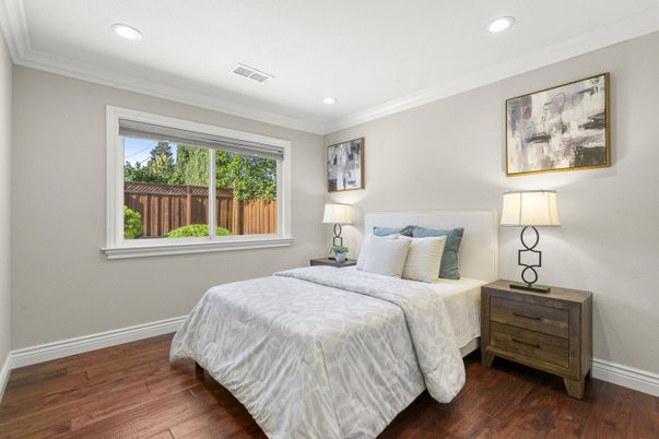 Bedroom, Interior, Recessed Lighting, Wood Texture Flooring