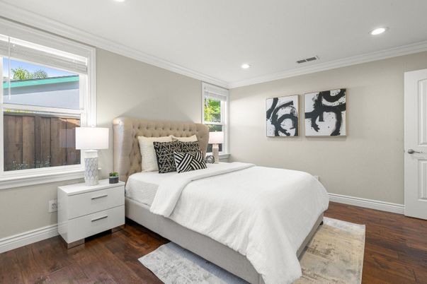 Bedroom, Interior, Recessed Lighting, Wood Texture Flooring