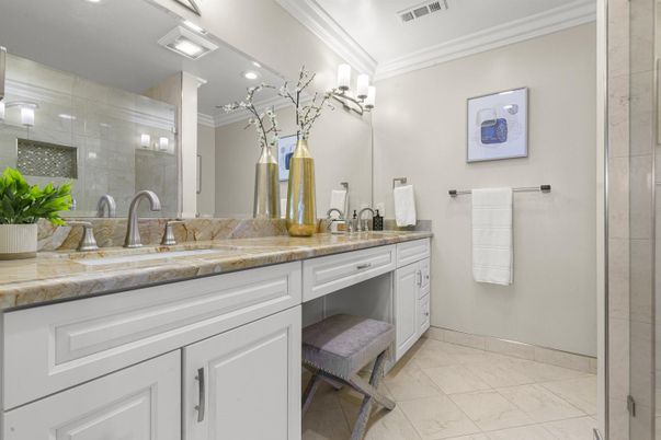 Bathroom, Dual Sink Vanities, Interior, Marble, Recessed Lighting