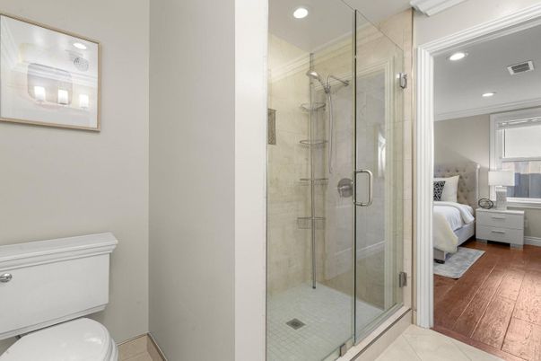 Bathroom, Bedroom, Glass Shower, Interior, Recessed Lighting, Wood Texture Flooring