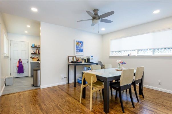 Dining room, Interior, Recessed Lighting, Wood Texture Flooring