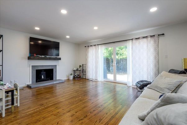 Fireplace, Interior, Living room, Recessed Lighting, Wood Texture Flooring