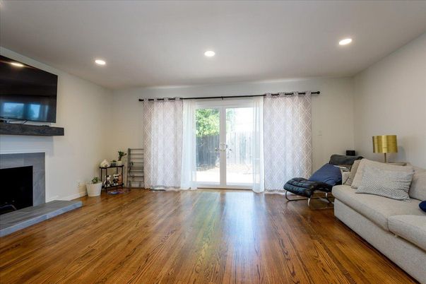 Fireplace, Interior, Living room, Recessed Lighting, Wood Texture Flooring