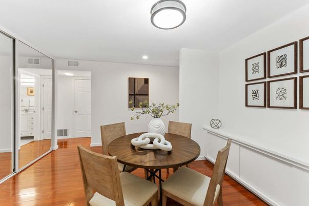 Dining room, Interior, Recessed Lighting, Wood Texture Flooring