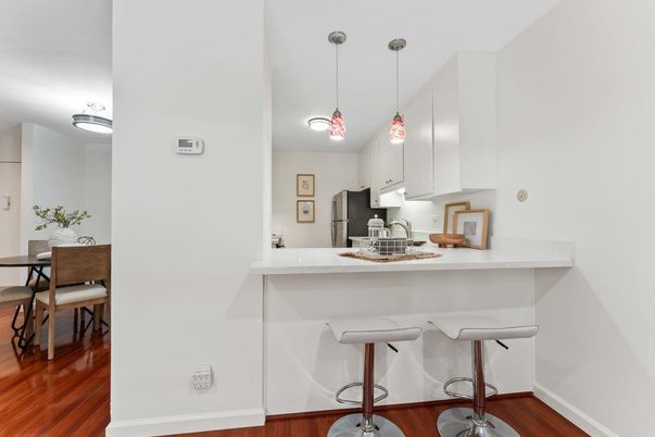 Dining room, Interior, Kitchen, Pendant Lights, Wood Texture Flooring