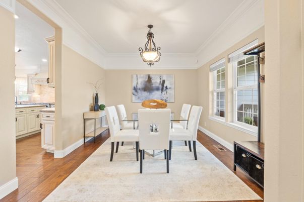 Dining room, Interior, Pendant Lights, Recessed Lighting, Wood Texture Flooring