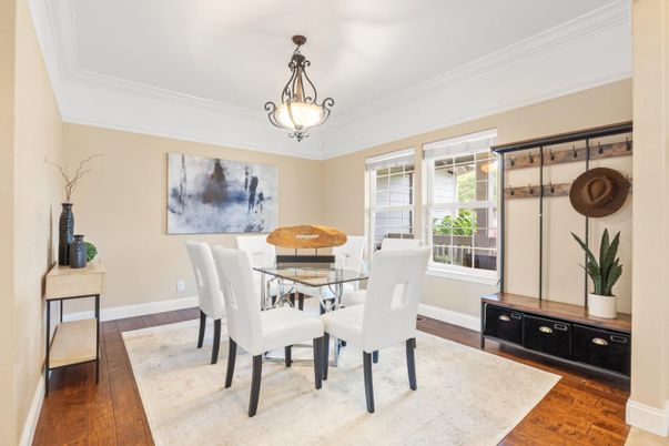 Dining room, Interior, Pendant Lights, Wood Texture Flooring