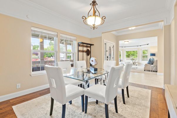 Dining room, Interior, Living room, Pendant Lights, Wood Texture Flooring