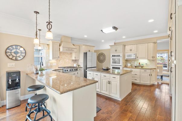 Interior, Kitchen, Pendant Lights, Recessed Lighting, Stainless Steel Appliances, Wood Texture Flooring