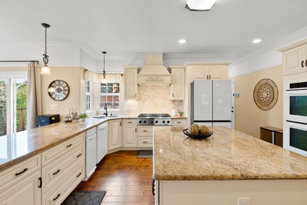 Interior, Kitchen, Pendant Lights, Recessed Lighting, Stainless Steel Appliances, Wood Texture Flooring