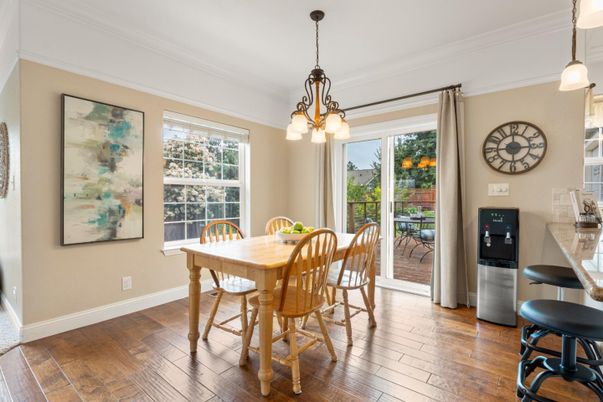Dining room, Interior, Pendant Lights, Wood Texture Flooring