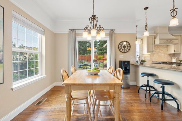 Dining room, Interior, Kitchen, Pendant Lights, Wood Texture Flooring