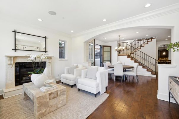 Chandelier, Dining room, Fireplace, Interior, Living room, Recessed Lighting, Wood Texture Flooring