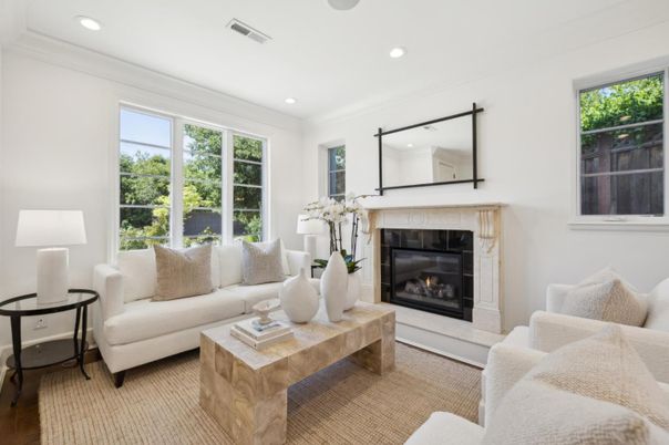 Fireplace, Interior, Living room, Recessed Lighting, Wood Texture Flooring