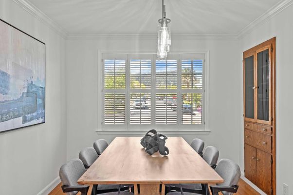 Dining room, Interior, Pendant Lights, Wood Texture Flooring