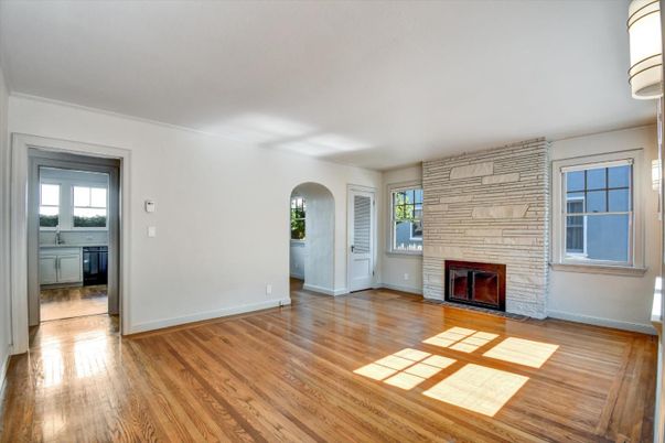 Empty room, Fireplace, Interior, Stone Walls, Wood Texture Flooring