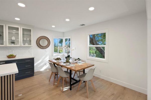 Dining room, Interior, Recessed Lighting, Wood Texture Flooring