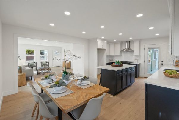Dining room, Interior, Kitchen, Living room, Recessed Lighting, Stainless Steel Appliances, Wood Texture Flooring