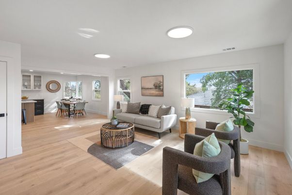 Dining room, Interior, Living room, Recessed Lighting, Wood Texture Flooring