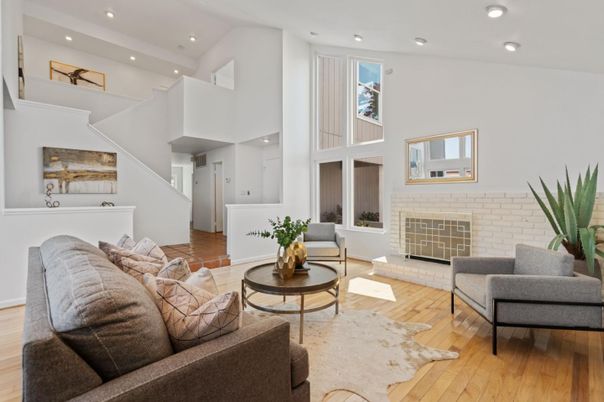 Fireplace, Interior, Living room, Recessed Lighting, Stone Walls, Wood Texture Flooring