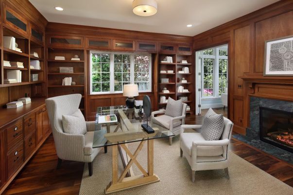 Fireplace, Home Office, Interior, Recessed Lighting, Wood Texture Flooring, Wooden Walls