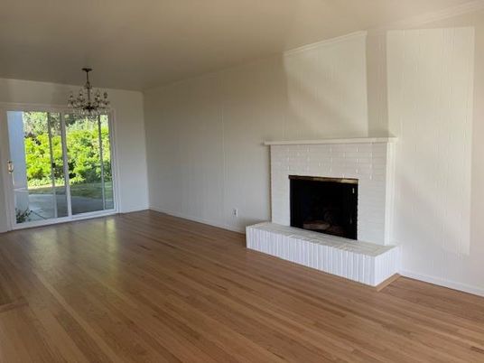Chandelier, Empty room, Fireplace, Interior, Wood Texture Flooring