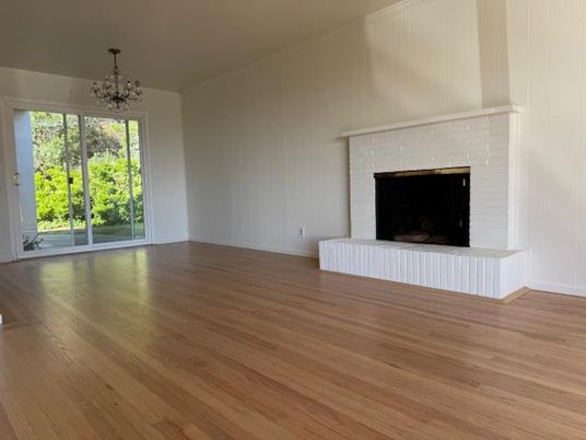 Chandelier, Empty room, Fireplace, Interior, Wood Texture Flooring