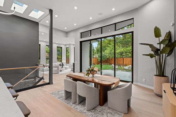 Dining room, Interior, Living room, Recessed Lighting, Wood Texture Flooring