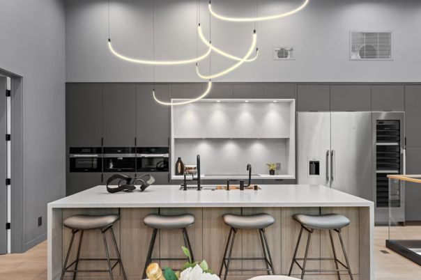 Interior, Kitchen, Pendant Lights, Recessed Lighting, Stainless Steel Appliances, Wood Texture Flooring