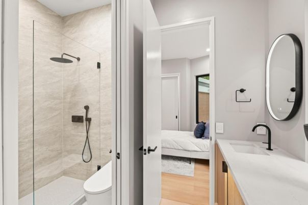 Bathroom, Bedroom, Glass Shower, Interior, Recessed Lighting, Wood Texture Flooring