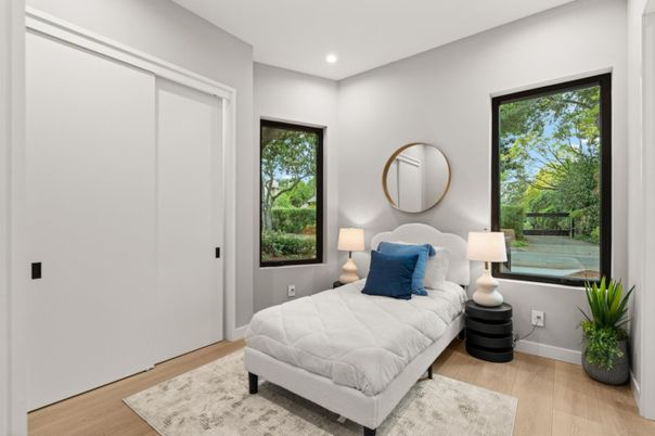 Bedroom, Interior, Recessed Lighting, Wood Texture Flooring