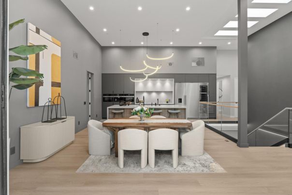 Dining room, Interior, Kitchen, Pendant Lights, Recessed Lighting, Stainless Steel Appliances, Wood Texture Flooring